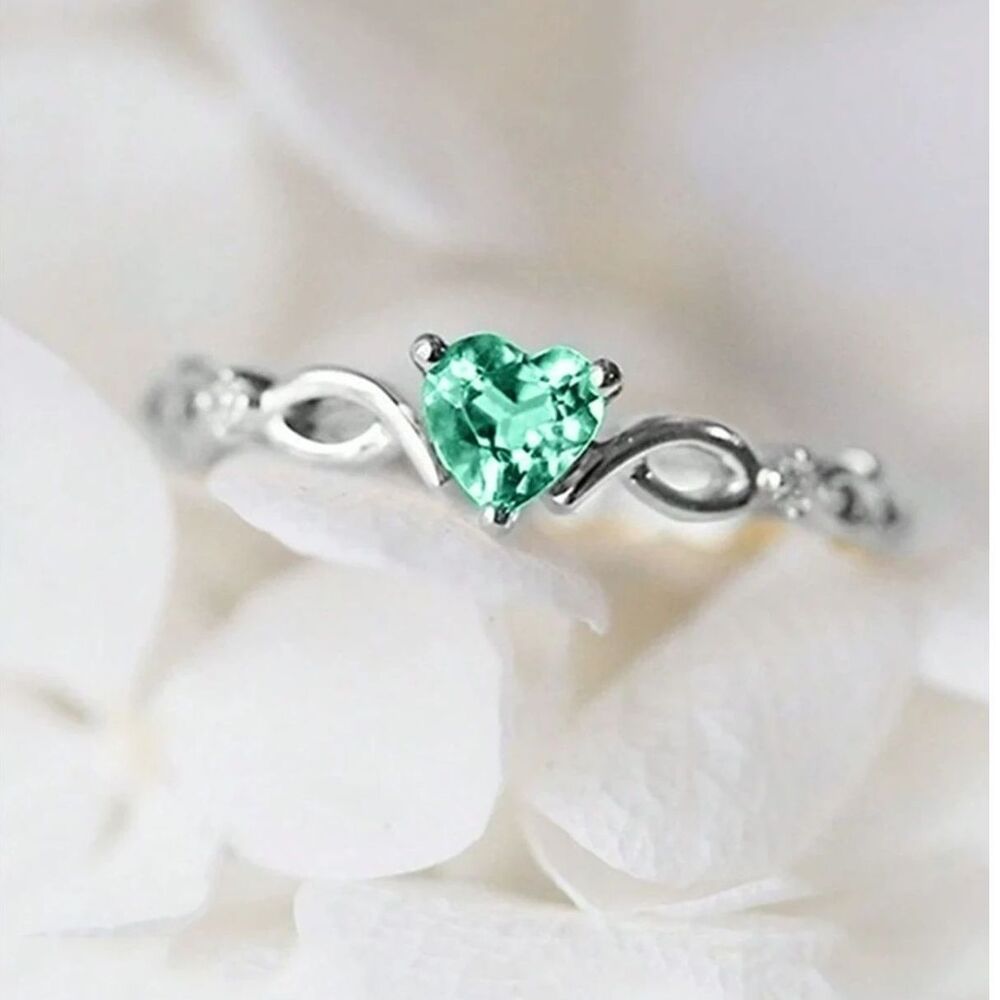 Silver Green Zirconia Crystal Heart Promise Ring Gemstone Sweetheart Dainty sz 8